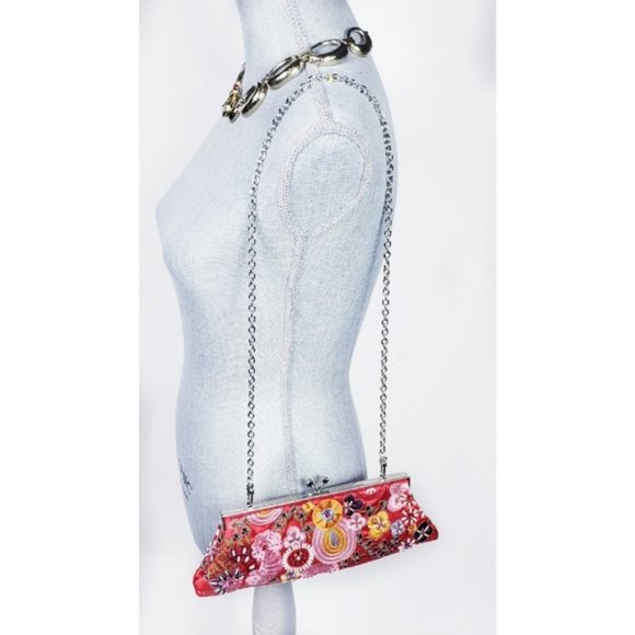 SOLD☆ Beaded Floral Boho Red Clutch Shoulder Bag - Picture 4 of 9